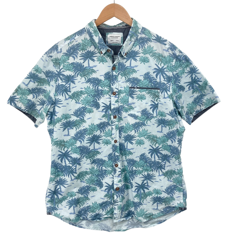 Sunrise Kingdom Palm Tree Tropical Button Down Shirt Large Men's Cotton Hawaiian
